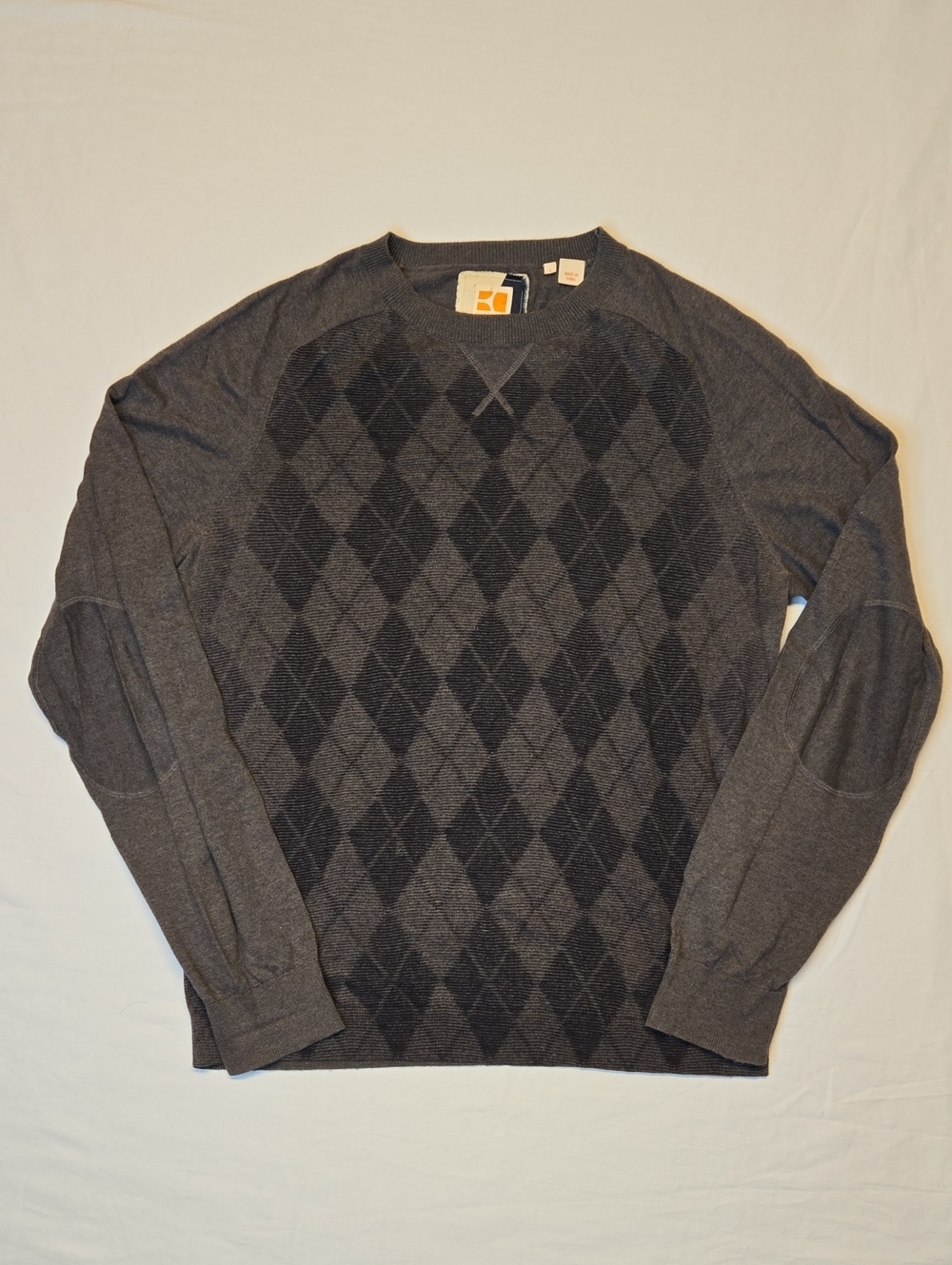 Hugo Boss Gray Argyle Knit Cotton Blend Pullover Crewneck Sweater